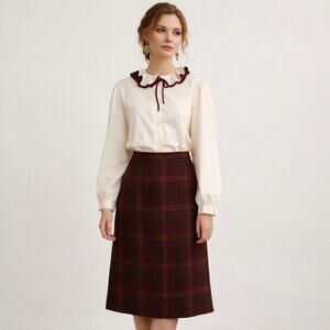 Vintage Cranberry Burgundy Wool Blend Plaid Pencil Skirt M